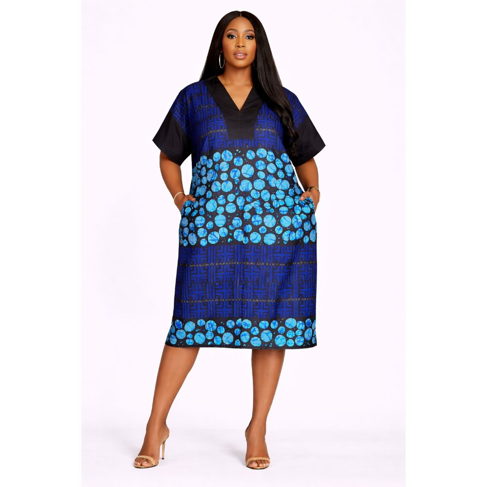 Blue Patterned Short Sleeve Kaftan Top